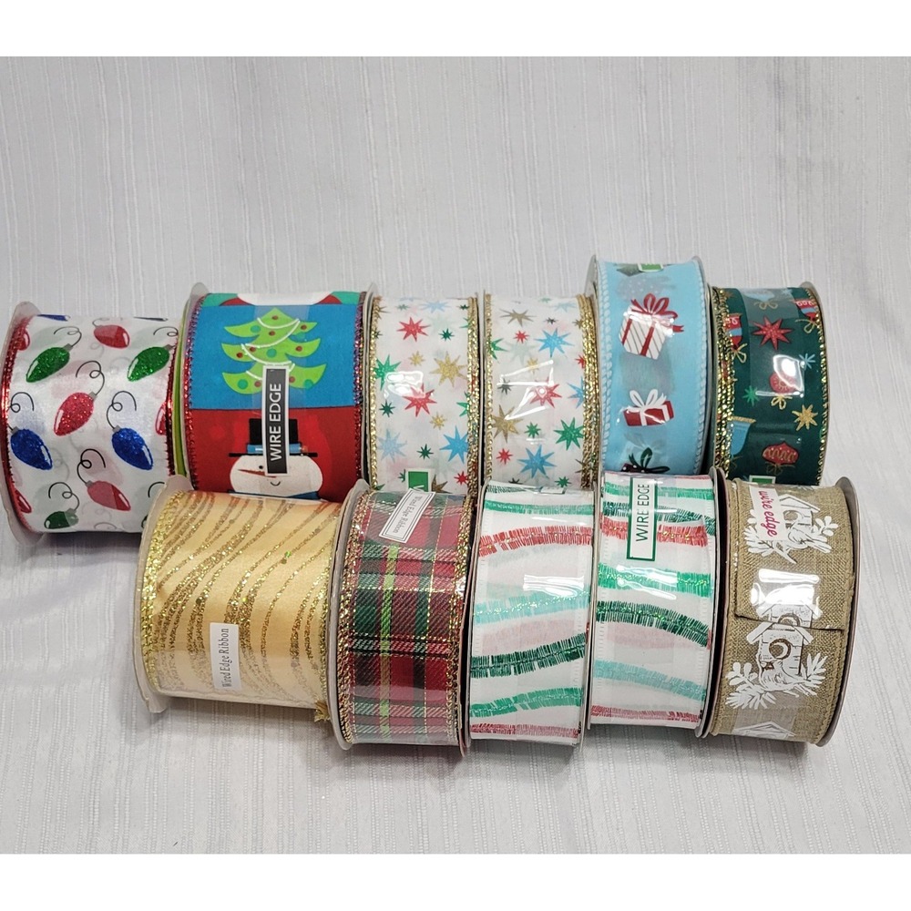 11 Rolls Christmas Wired Edge Ribbon Lot Holiday Crafting Gift Wrap Assorted
